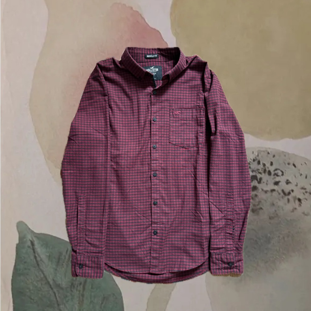 Hollister Men's Burgundy Checkered Gingham Shirt XS Muscle Fit
